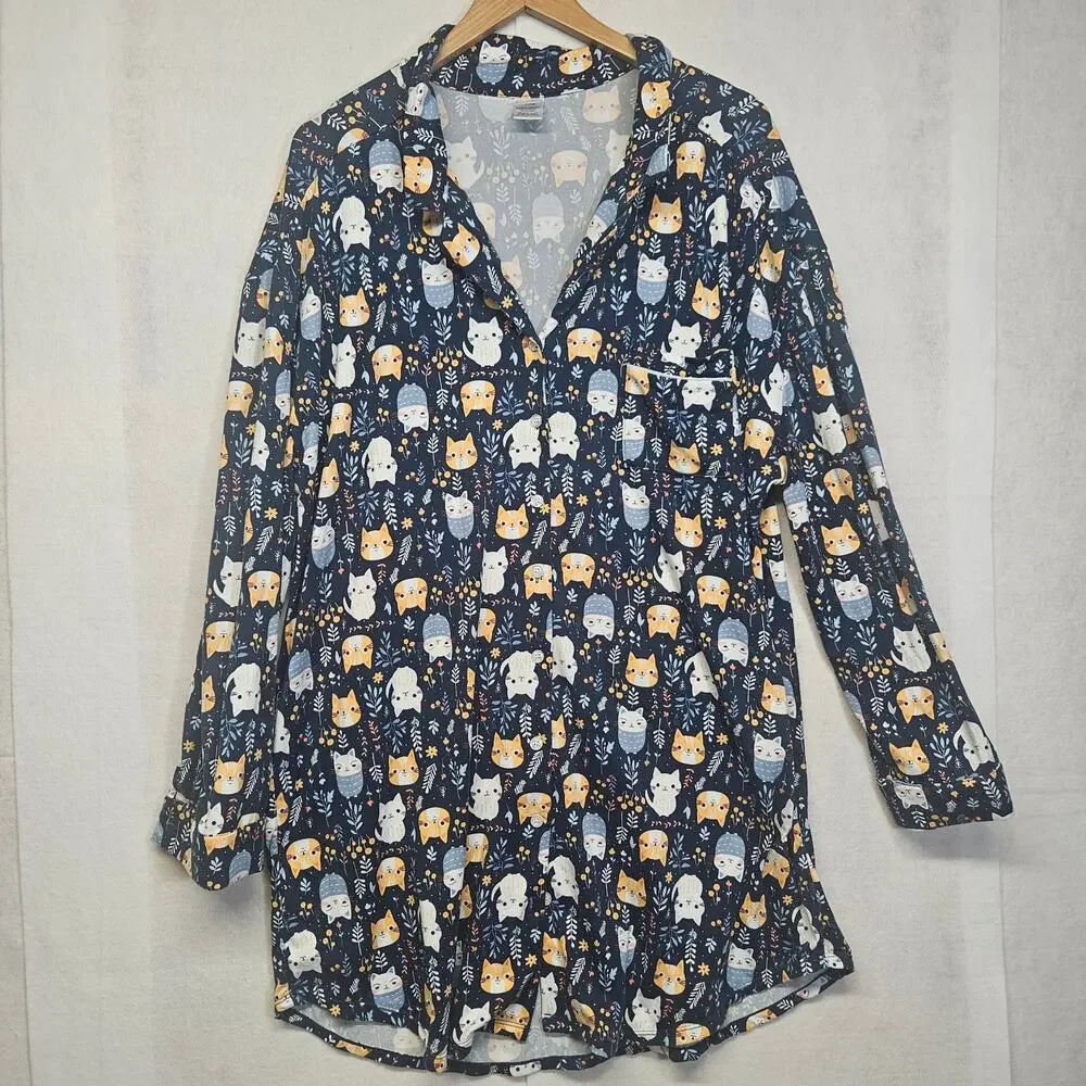 Cat Print Nightshirt Long Sleeve Button Front Sleep Dress Size XL Navy Blue